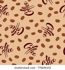 seamless pattern of coffee beans and lettering coffee on caramel background