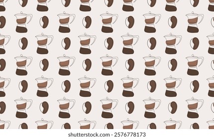 Seamless pattern of coffee beans and coffee makers in the fashionable color of 2025. Vector graphics, linear style. For fabric design, packaging, wallpaper