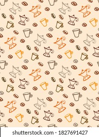seamless pattern with coffee beans, mugs and moka pots