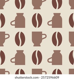 Seamless pattern with coffee beans and mugs in mocha brown and beige colors. Minimalist geometric poster in coffee mocha and mousse colors of the year 2025. Contemporary art in retro style