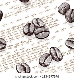 Seamless pattern with coffee beans on white background with handwritten text. Hand-drawn vector illustration in vintage style.
