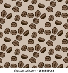 Seamless pattern with coffee beans on beige background. Vector illustration for the design for packaging, background, wrapping. Endless texture.