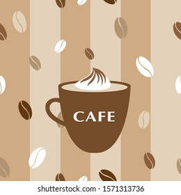 Seamless pattern with coffee and beans on brown stripes