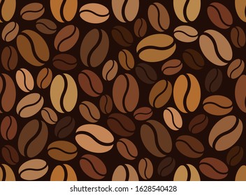 Seamless pattern of coffee beans on a dark background. Colored coffee beans in brown tones. Templates for flyers, banners, invitations, restaurant or cafe menu design. Stock vector illustration.