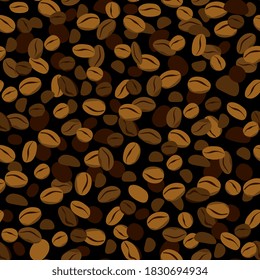 Seamless pattern. Coffee beans on a black background. Vector illustration.