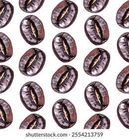 Seamless pattern of coffee beans on a white background. Perfect for coffee themed designs, packaging, and decor. The rich brown tones and detailed illustrations make it visually appealing.