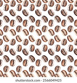 Seamless pattern of coffee beans on a white background. Perfect for coffee themed designs, packaging, and decor. The rich brown tones and detailed illustrations make it visually appealing.