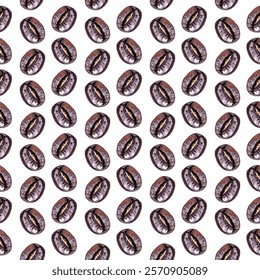 Seamless pattern of coffee beans on a white background. Perfect for coffee themed designs, packaging, and decor. The rich brown tones and detailed illustrations make it visually appealing.