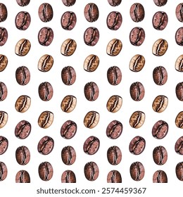 Seamless pattern of coffee beans on a white background. Perfect for coffee themed designs, packaging, and decor. The rich brown tones and detailed illustrations make it visually appealing.