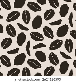 Seamless pattern of coffee beans. Repeating print of abstract arabica and robusta seeds cut out style for packaging design, wallpaper, fabric. Vector texture.