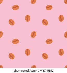 Seamless pattern with coffee beans. roasted coffee is scattered at random on pink background. Best for wrapping paper and child design. Vector illustration.