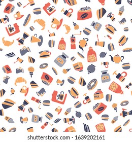 Seamless pattern with coffee, beans, sweets, cookies, milk, cinnamon. Endless background with hand-drawn elements. For menu design, paper packaging, textile, fabric, scrapbooking, advertising.