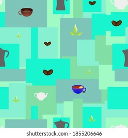 Seamless pattern with coffee beans, tea leaves, teapot and geysers
