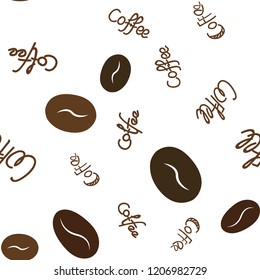 Seamless pattern with coffee beans and text. Vector. For your design.