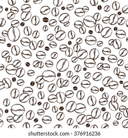 Seamless pattern of coffee beans. Top view. Vector illustration.