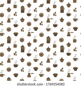 Seamless pattern with coffee beans, turkish, croissant, cupcake, teapot, cup. Icons for coffee shop, restaurant or menu. Can be used for wallpaper, web page background, surface textures.