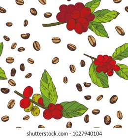 seamless pattern of coffee beans and twigs of the coffee tree hand-drawn