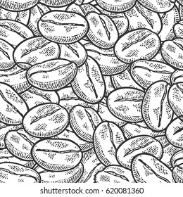 Seamless pattern coffee beans. Vector vintage black engraving illustration for poster, menu, banner. Isolated on white background