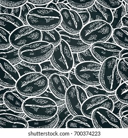Seamless pattern coffee beans. Vector vintage white engraving illustration for poster, menu, banner. Isolated on dark background