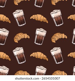 Padrão sem costura com bebida de café e croissant. Elegante textura marrom para marca de café, embalagem de alimentos, design de menu, papel de parede, impressão de tecido, fundo da Web, envoltório de presente e cafeteria