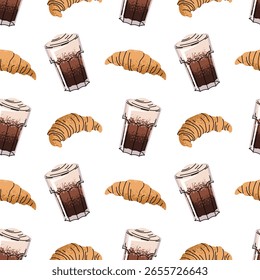 Patrón sin fisuras con la bebida del café y el cruasán. Textura marrón elegante para la marca del café, empaquetado de la comida, diseño del menú, Fondo de pantalla, impresión de la tela, fondo del Web, abrigo del regalo y cafetería