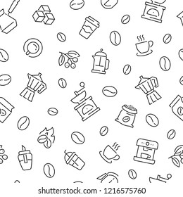 Seamless pattern with coffee. Black and white thin line icons
