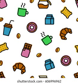 Seamless pattern with coffee break colorful icons. Vector illustration.