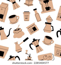 Seamless pattern with coffee brewing methods. Set of coffee machine, geyser, utensils, filter, cup, kettle icon. Hand drawn isolated on background elements for cafe, menu, coffee shop in flat style