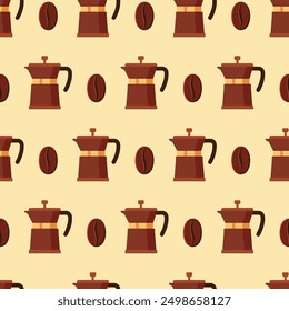 Seamless pattern with coffee brewing pot and coffee beans in flat style. Background for print, fabric, cover, banner, poster. Vector illustration