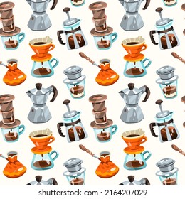 Seamless pattern with coffee brewing process. Turkish, vietnamese, aero press, pour over, geyser, french press. Orange, beige, white, brown, grey colors. Hand drawn flat vector illustration