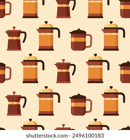 Seamless pattern with coffee brewing tools in flat style. Background for print, fabric, cover, banner, poster. Vector illustration