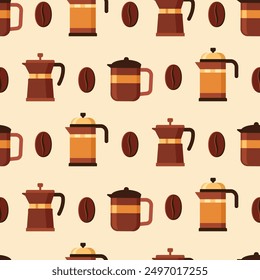 Seamless pattern with coffee brewing tools and coffee beans in flat style. Background for print, fabric, cover, banner, poster. Vector illustration