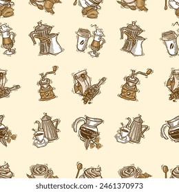 seamless pattern with coffee, cafe, cafein, store, hangout, today's good mood is sponsored by coffee, vector art illustration design