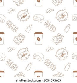 Seamless pattern of coffee and cake, vector background. Repeated texture for cafe shop or cake shop, shop wrapping paper.