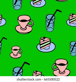 Seamless pattern with coffee, cake and water