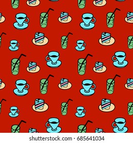 Seamless pattern with coffee, cake and water