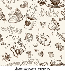 seamless pattern with coffee cakes pies latte and cappuccino