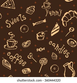 Seamless pattern with coffee, cakes and sweets. Vector illustration.