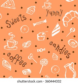 Seamless pattern with coffee, cakes and sweets. Vector illustration.