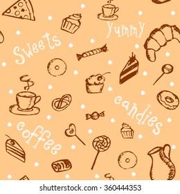 Seamless pattern with coffee, cakes and sweets. Vector illustration.