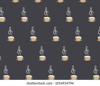 Seamless pattern with coffee cappuccino cup with steming music treble clef and white drop on black coffee stile background. Vector EPS10