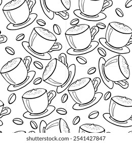 Seamless pattern with coffee or cappuccino cups and coffee beans. Black and white pattern for various prints, backgrounds, applications and coloring pages.