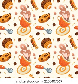 Seamless pattern with coffee cappuccino splash, cups, cookies, muffins, spoons, candies. Orange, beige, white, brown, yellow colors. Hand drawn flat vector illustration