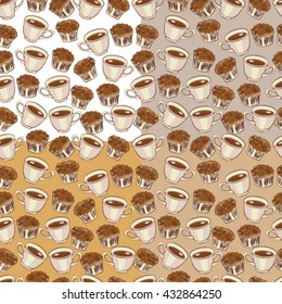 seamless pattern with coffee caps and cakes