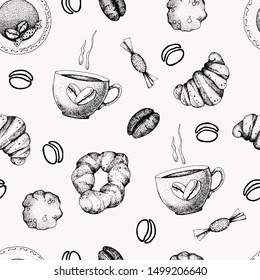 Seamless pattern for coffee ceremony. Hand-made vector illustration with a cup of coffee and sweets, croissant, cookies, candy. Design of packaging, wrappers, menu, wallpaper, background, cafe