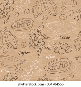 Seamless pattern with coffee and cocoa elements on vintage background. Vector  illustration for your design