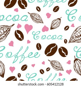 Seamless pattern with coffee and cocoa in retro style with lettingum