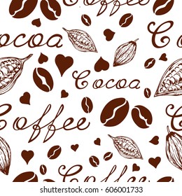 Seamless pattern with coffee and cocoa in retro style with lettingum