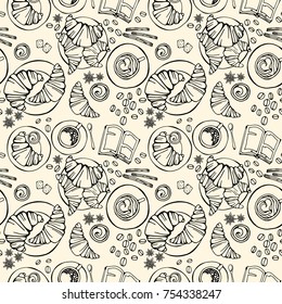 Seamless pattern with coffee composition in pastel brown tones in craft style. Vector image.