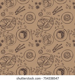 Seamless pattern with coffee composition in pastel brown tones in craft style. Vector image.